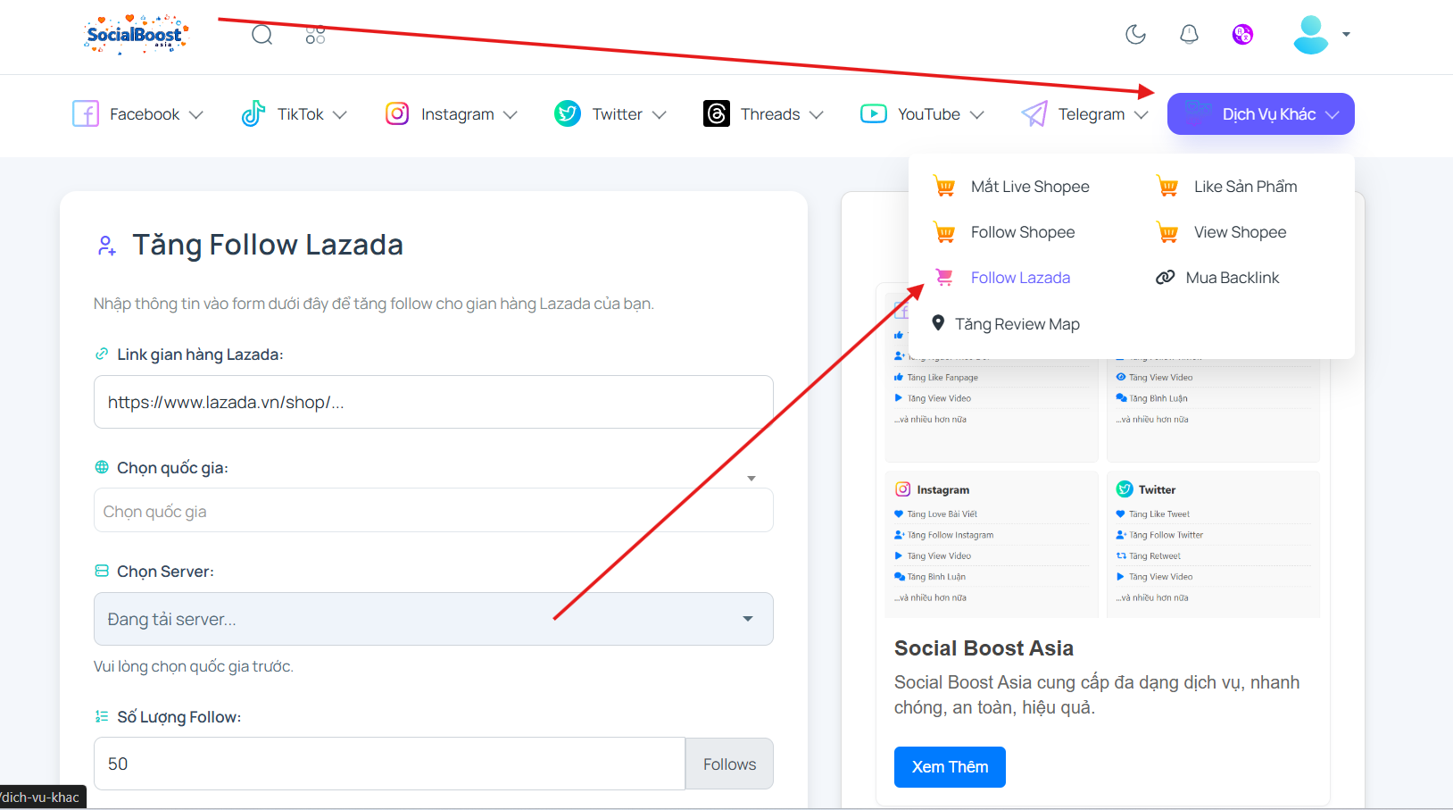 Bước 1: Truy cập trang dịch vụ tăng follow Lazada