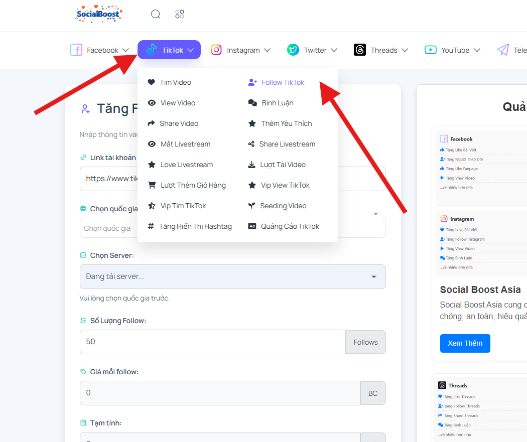 Bước 1: Truy cập trang dịch vụ tăng follow TikTok