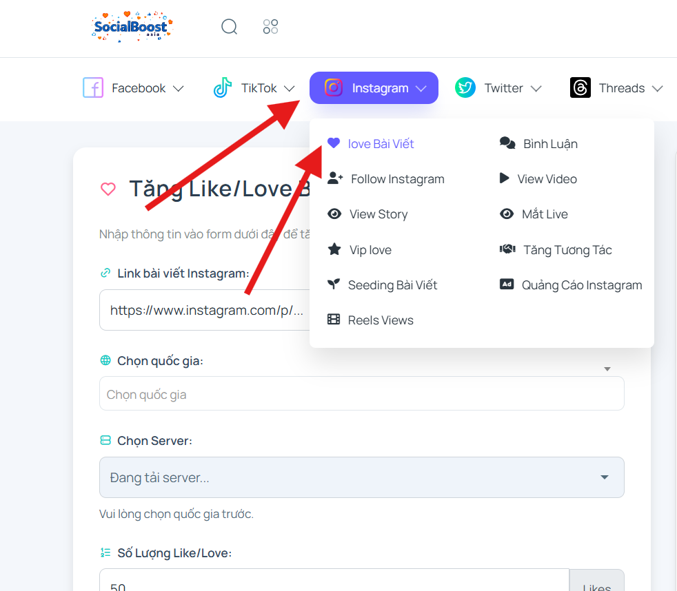 Bước 1: Truy cập trang dịch vụ tăng like Instagram
