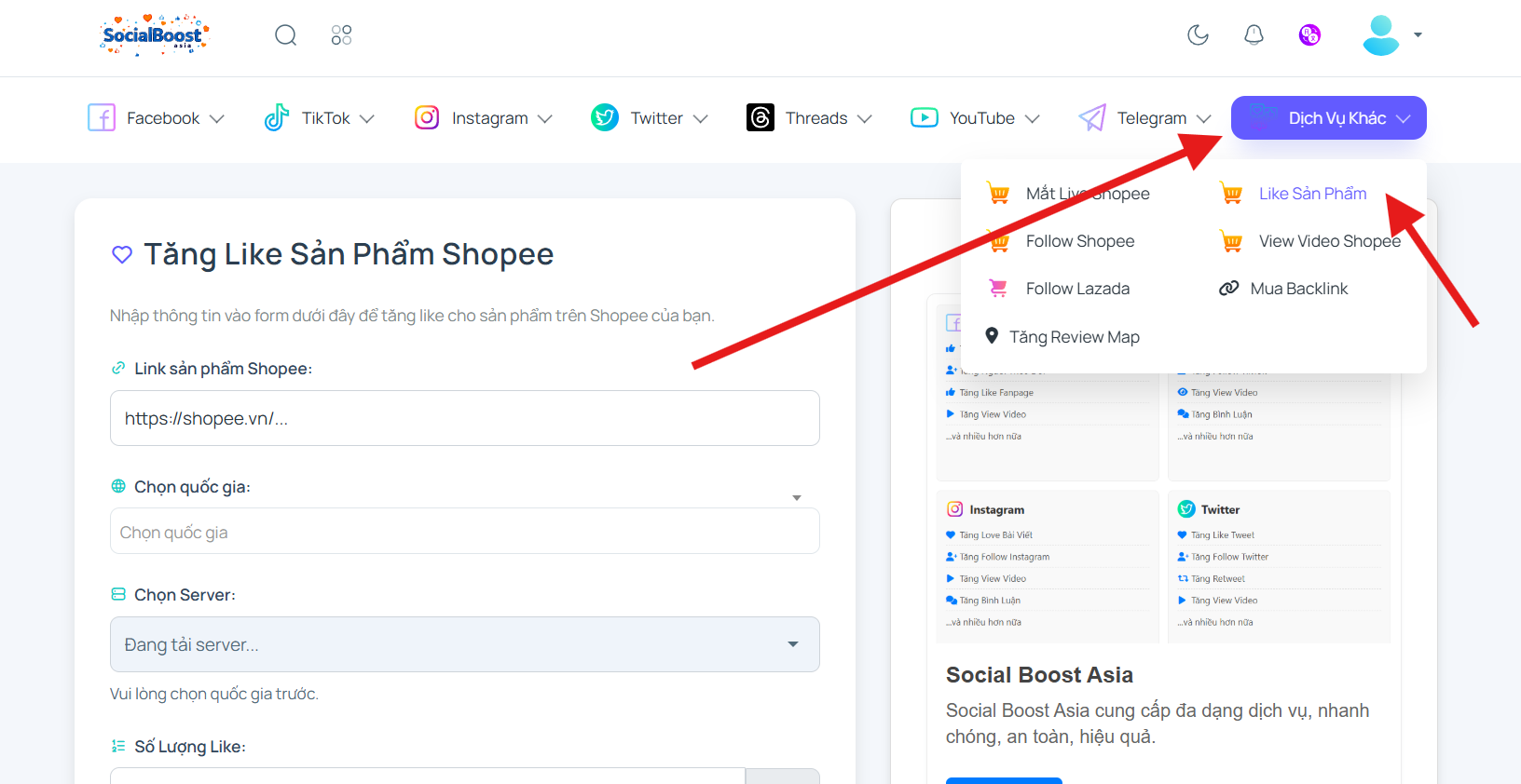 Bước 1: Truy cập trang dịch vụ tăng like Shopee
