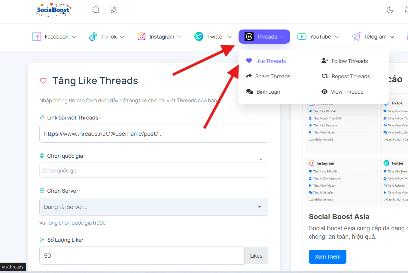 Bước 1 Truy cập trang dịch vụ tăng like Threads