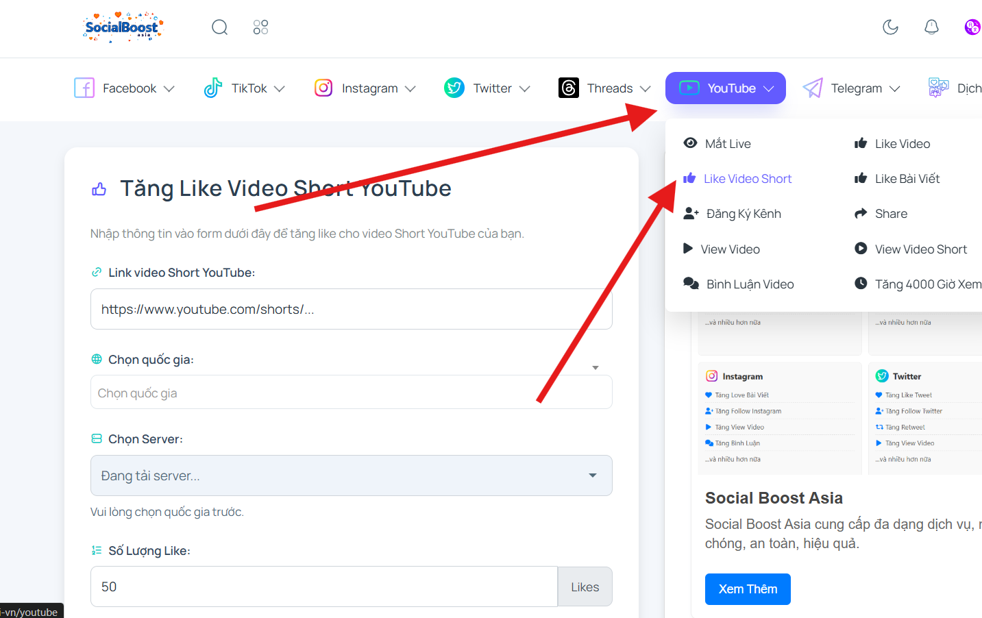 Bước 1: Truy cập trang dịch vụ tăng like YouTube Shorts
