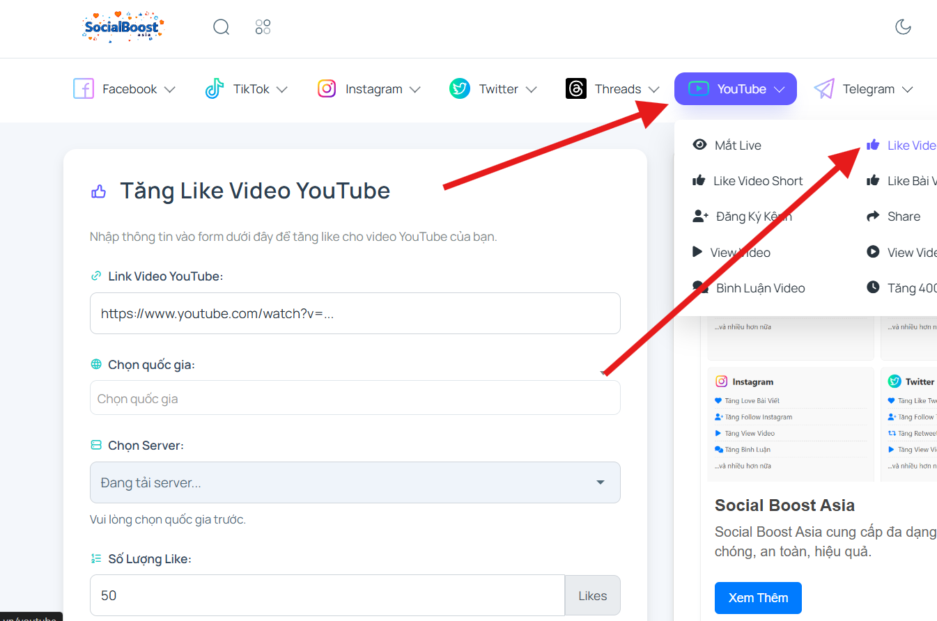 Bước 1: Truy cập trang dịch vụ tăng like YouTube