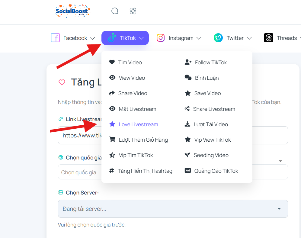 Bước 1: Truy cập trang dịch vụ tăng Love Livestream TikTok