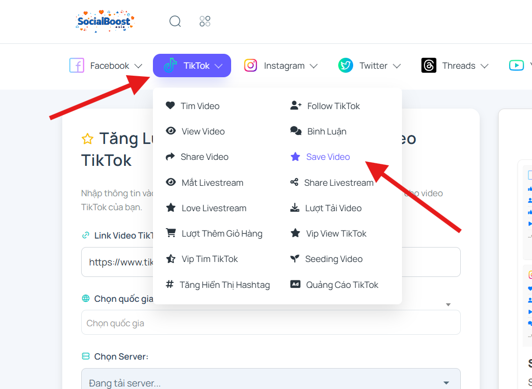 Bước 1: Truy cập trang dịch vụ tăng lượt lưu TikTok