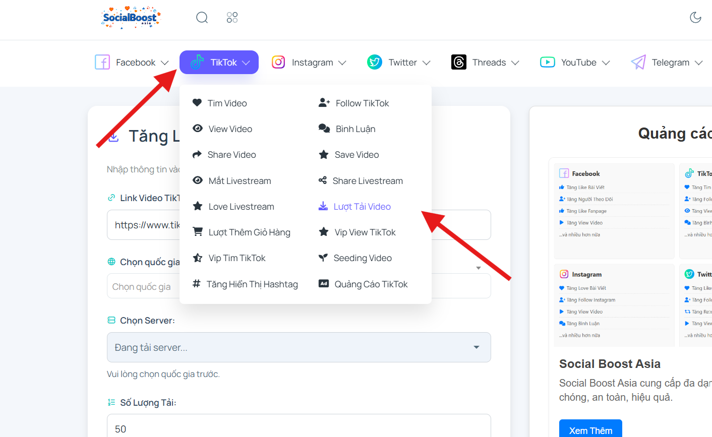 Bước 1: Truy cập trang dịch vụ tăng lượt tải TikTok