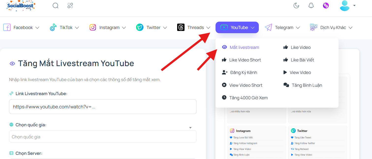 Bước 1: Truy cập trang dịch vụ tăng mắt livestream YouTube