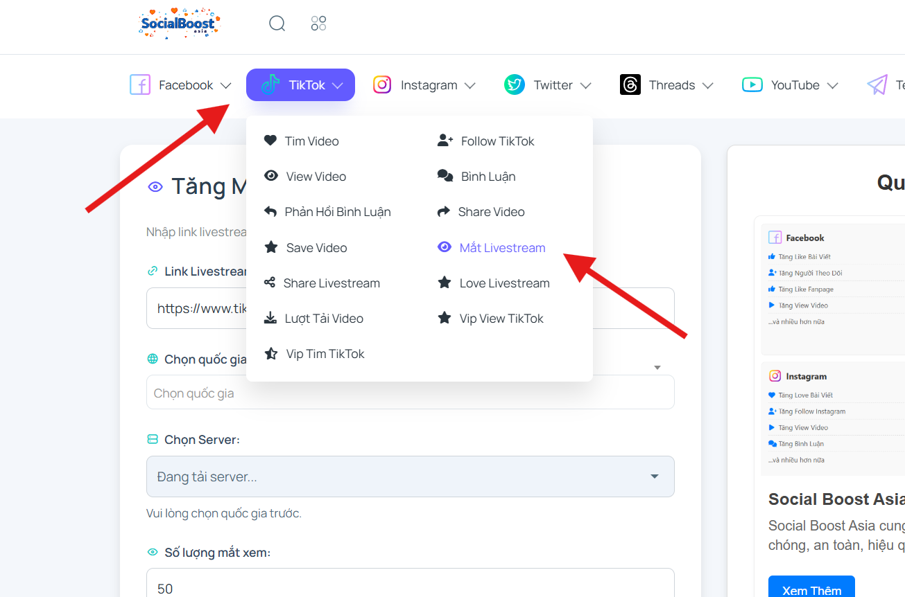 Truy cập dịch vụ tăng mắt xem TikTok