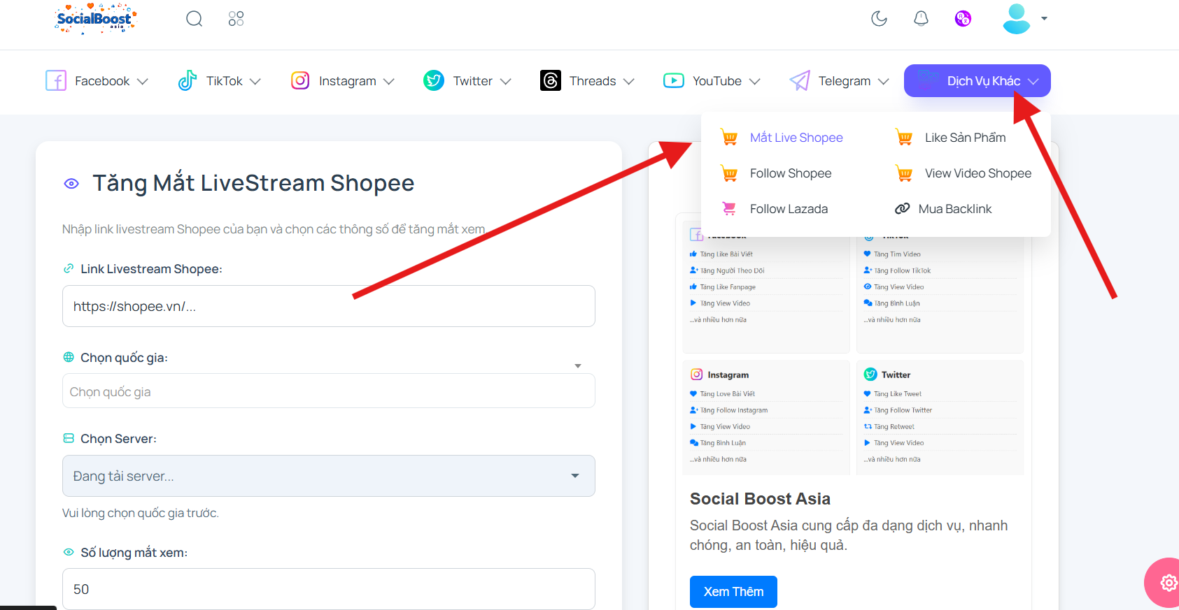 Bước 1 Truy cập trang dịch vụ tăng mắt xem livestream Shopee