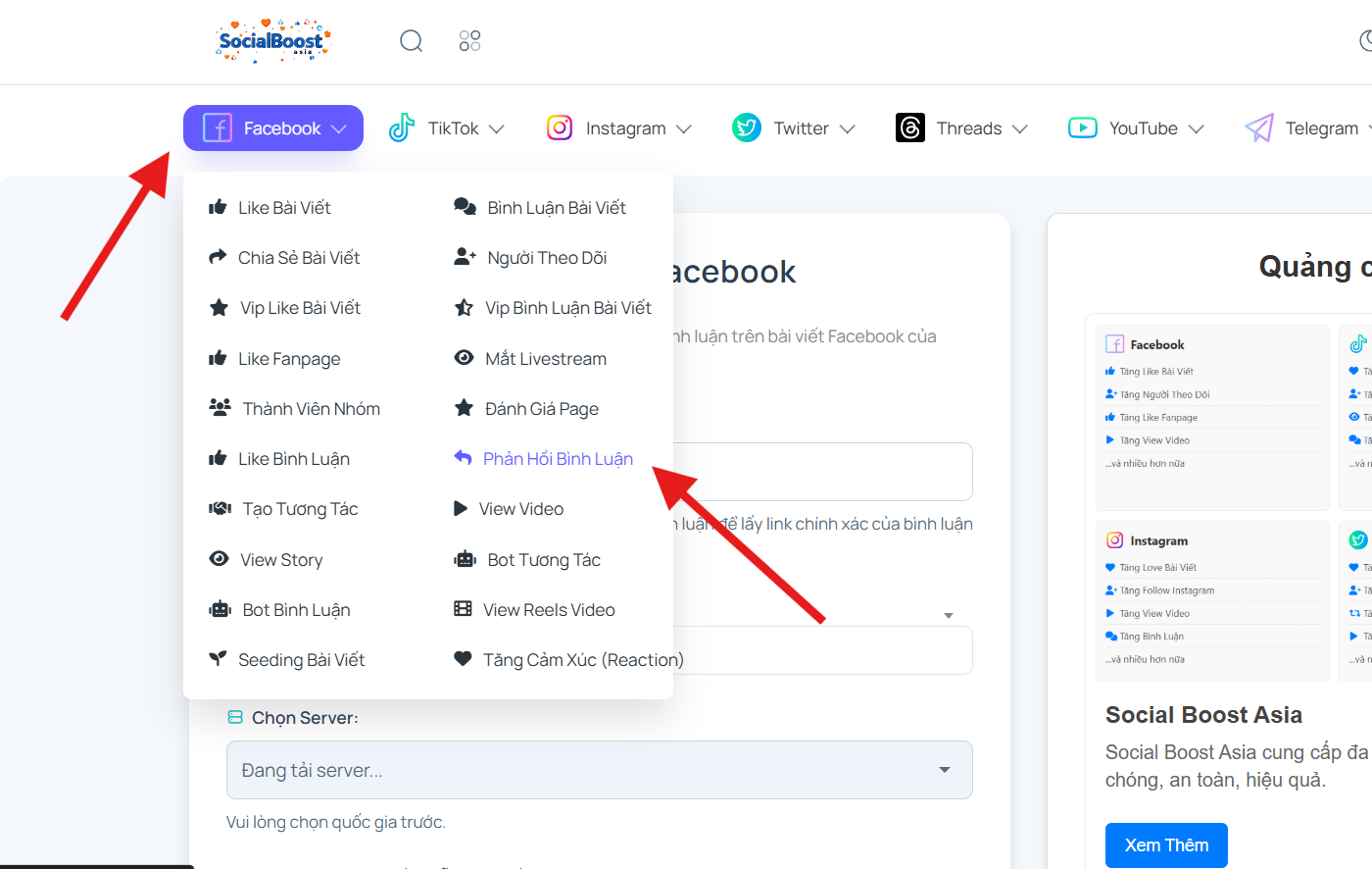 Bước 1: Truy cập trang dịch vụ tăng phản hồi bình luận Facebook