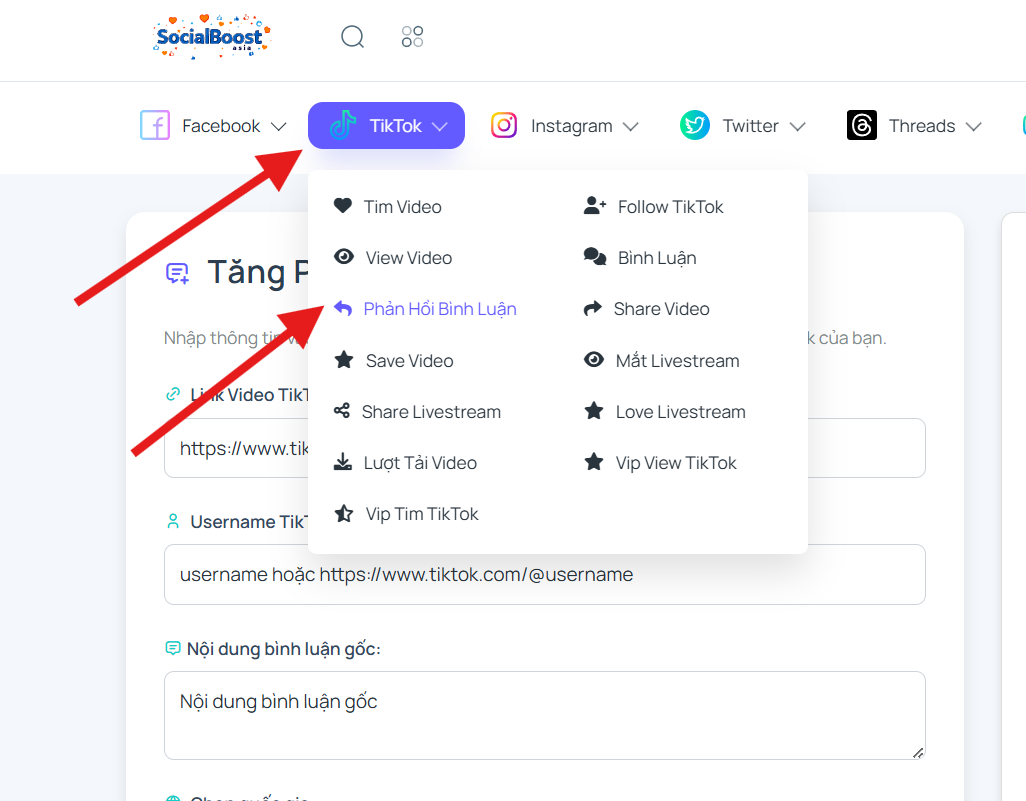 Bước 1: Truy cập trang dịch vụ tăng phản hồi bình luận TikTok