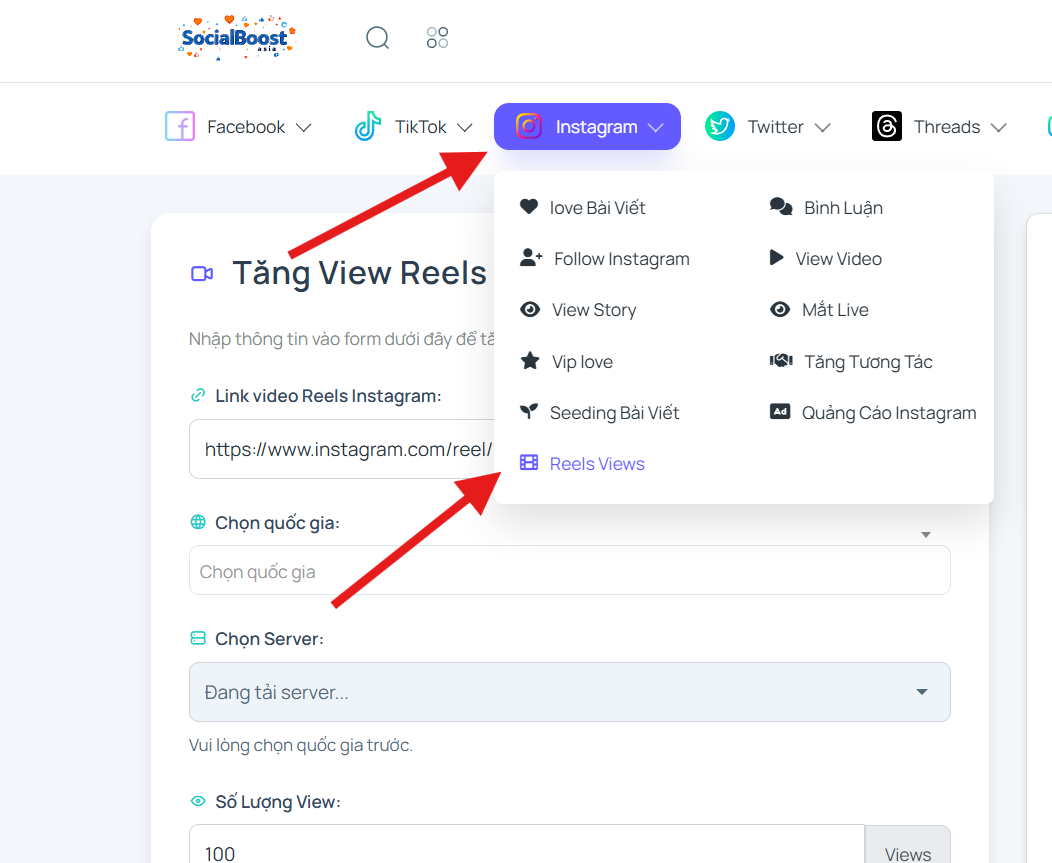 Bước 1: Truy cập trang dịch vụ tăng view Reels Instagram