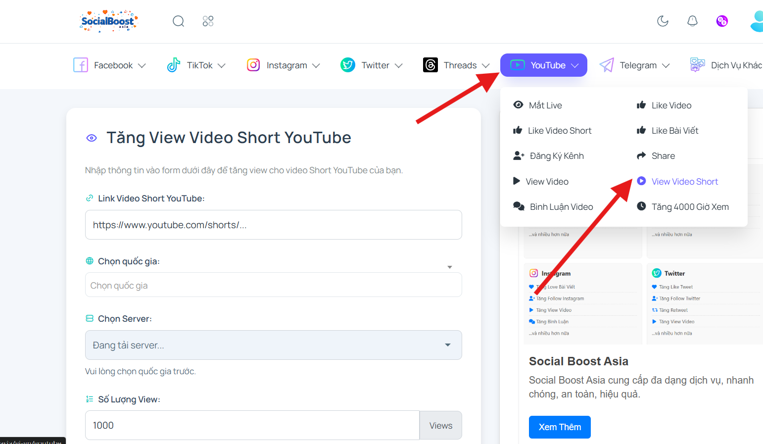 Bước 1: Truy cập trang dịch vụ tăng view YouTube Shorts