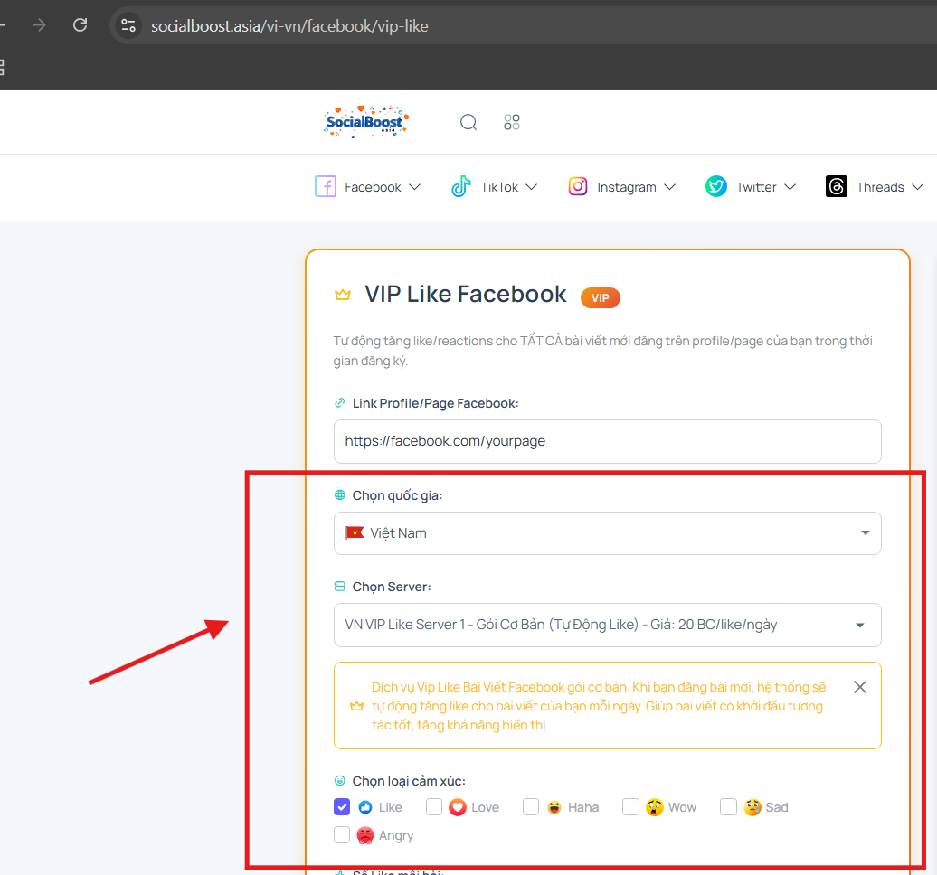 Bước 4: Chọn quốc gia và server VipLike