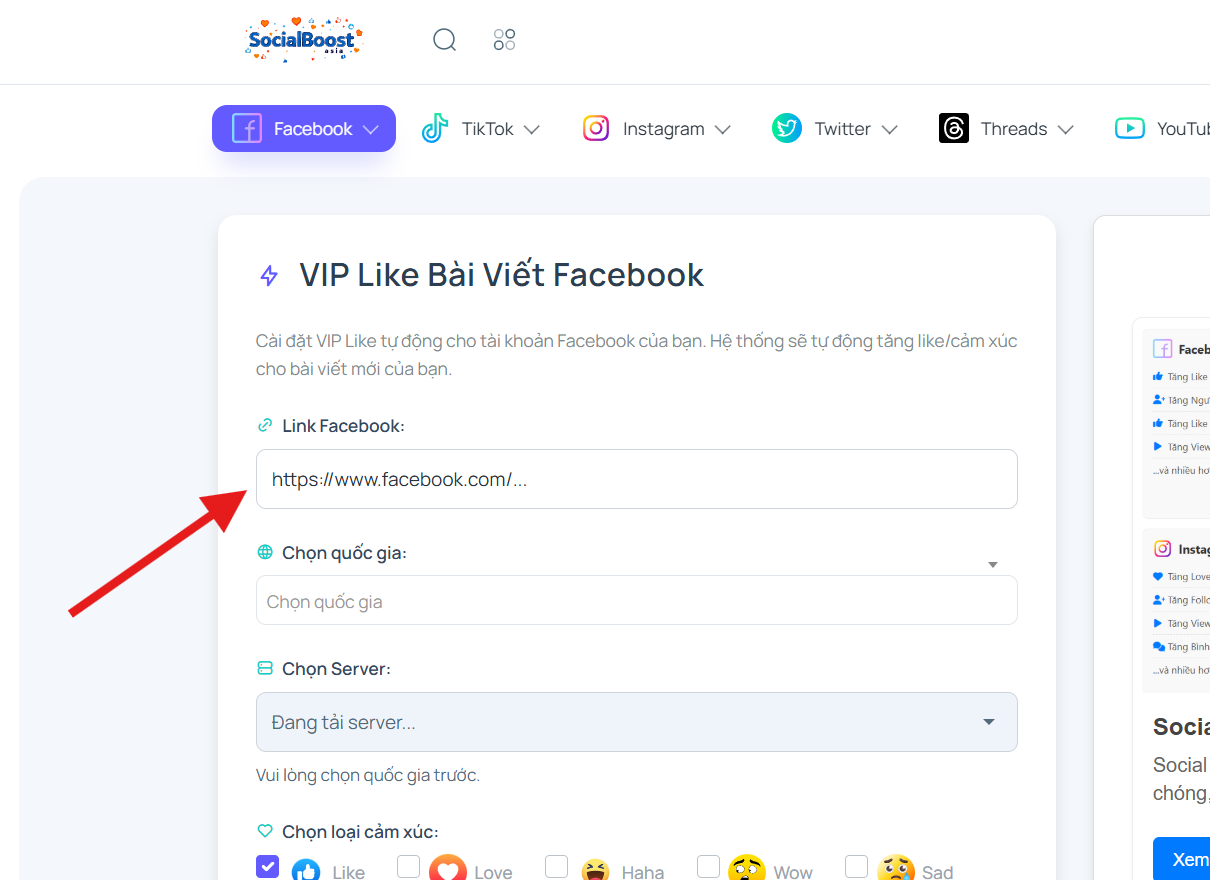Bước 2: Nhập link Facebook