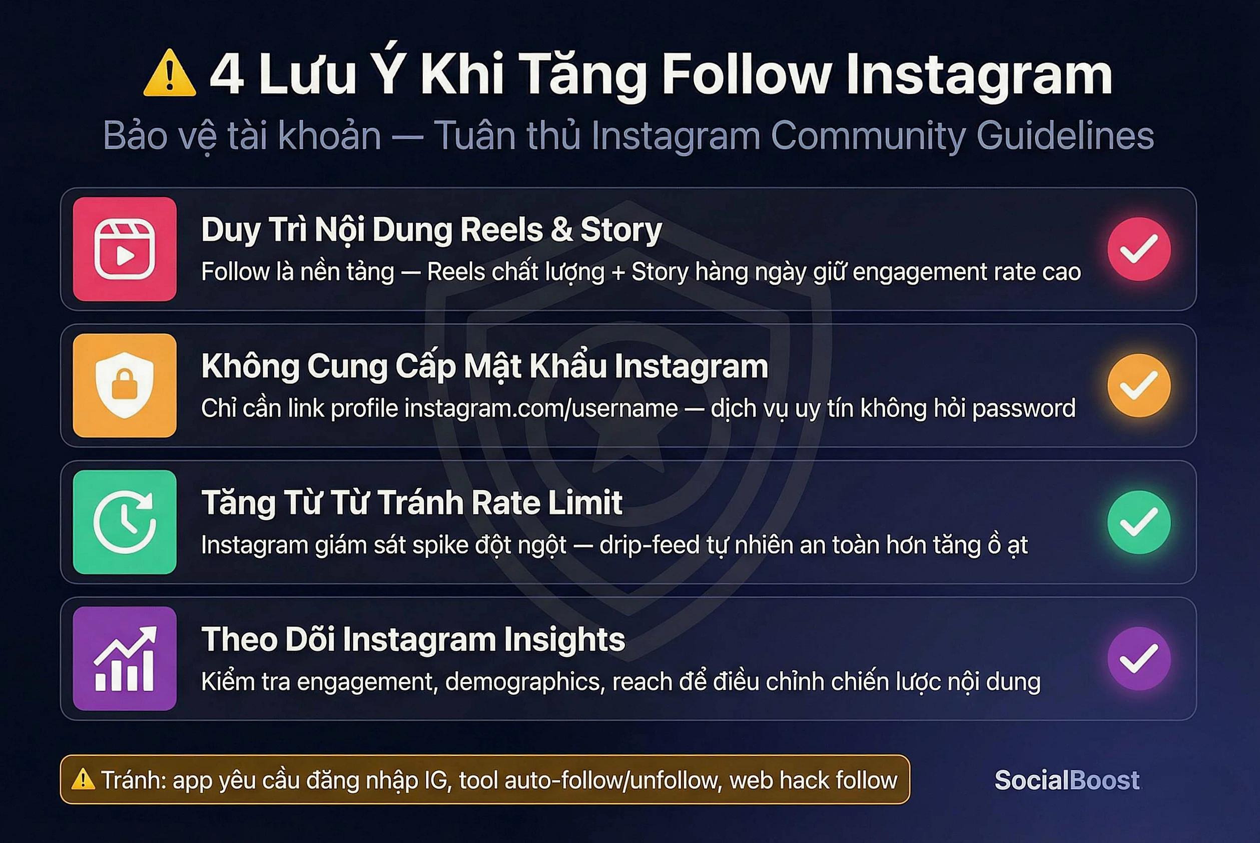 4 lưu ý an toàn khi tăng follow Instagram - Duy trì nội dung, không chia sẻ mật khẩu, tăng từ từ, theo dõi Insights