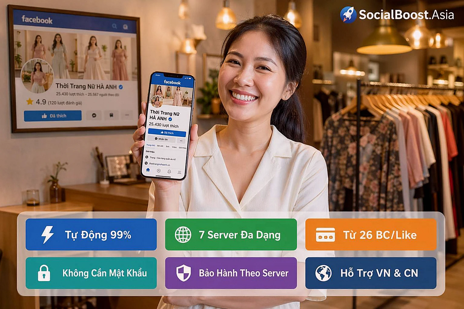 6 ưu điểm dịch vụ tăng like Fanpage Facebook tại Social Boost Asia, tự động, an toàn