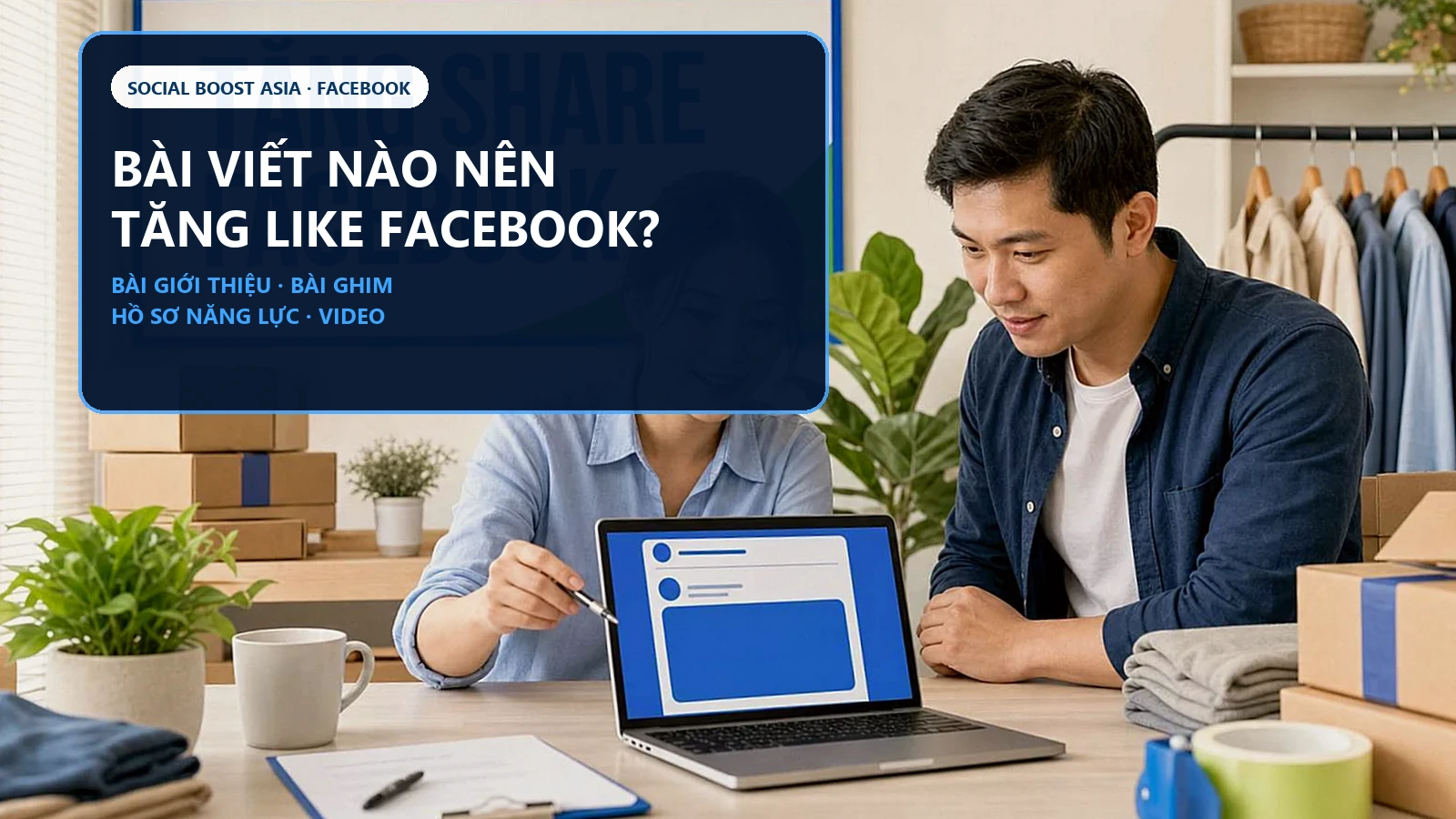 Người bán hàng chọn bài viết nên tăng like Facebook gồm bài giới thiệu, bài ghim, hồ sơ năng lực và video