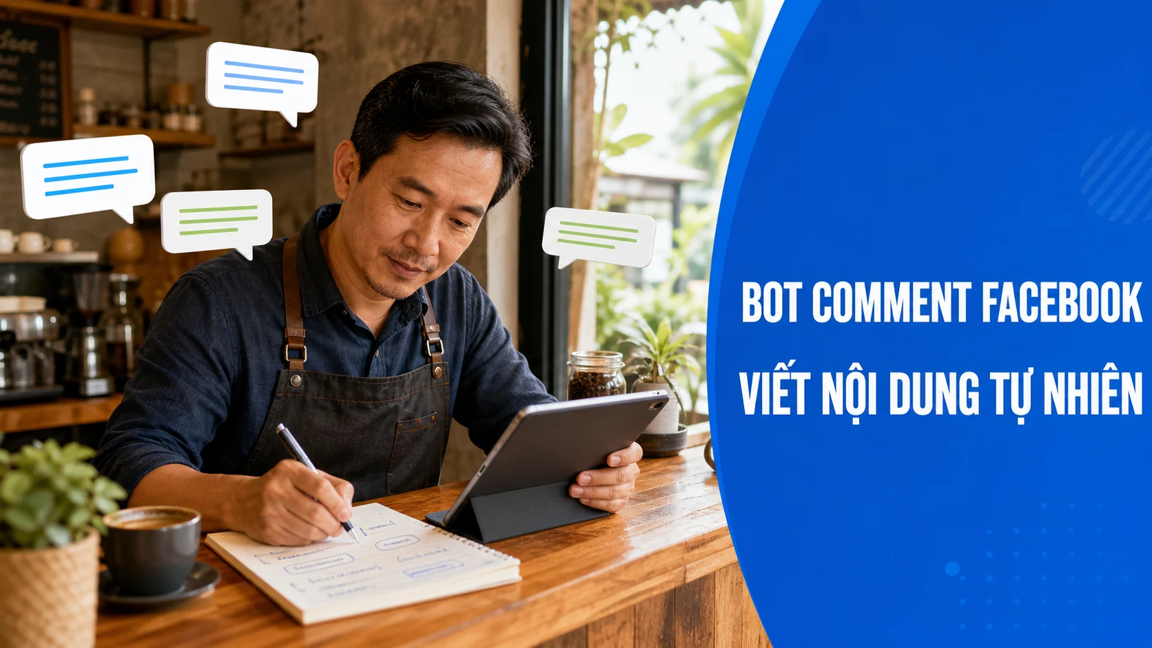 Chủ quán viết danh sách Bot Comment Facebook với nội dung tự nhiên
