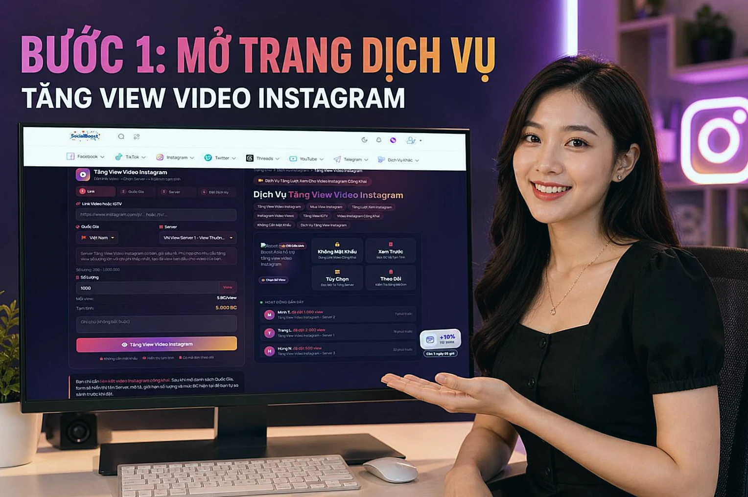 Giao diện trang dịch vụ tăng view video Instagram tại Social Boost Asia