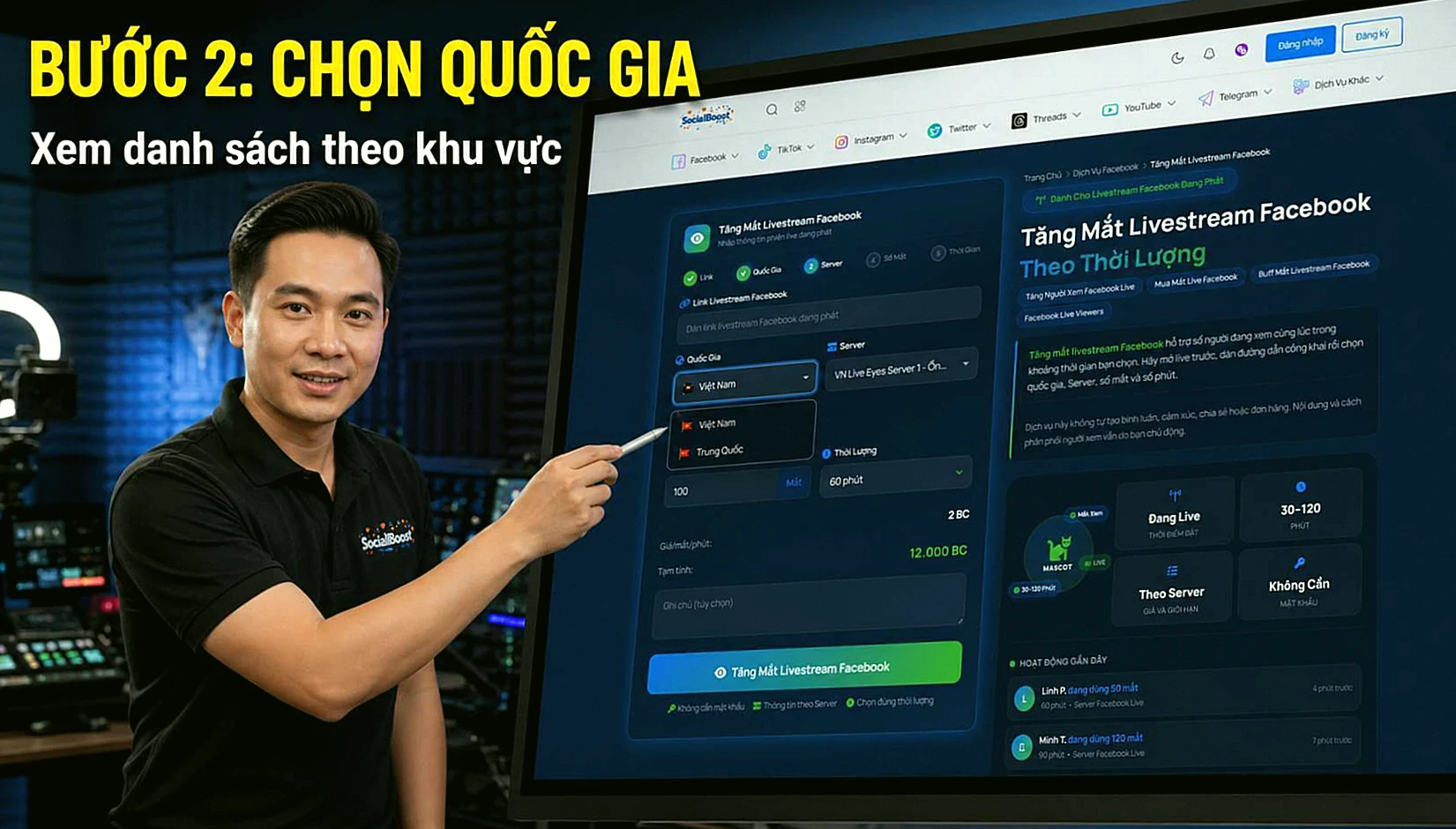 Bước 2 chọn quốc gia cho dịch vụ tăng mắt live Facebook