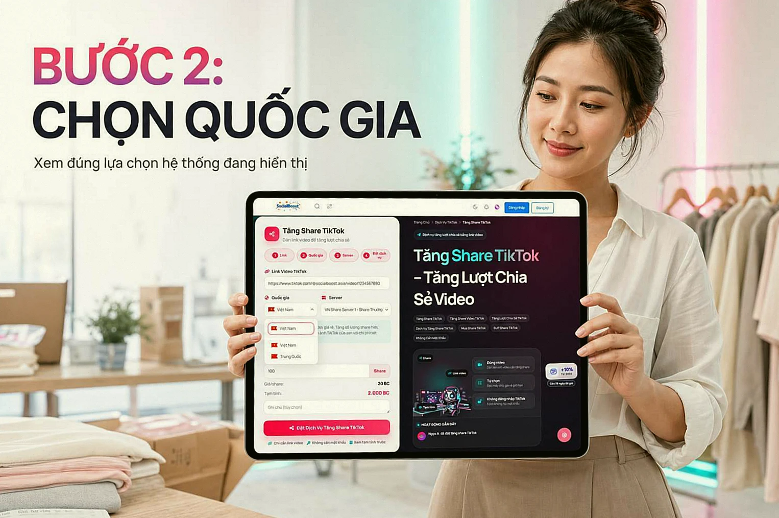 Bước 2 chọn quốc gia trong dịch vụ tăng share video TikTok