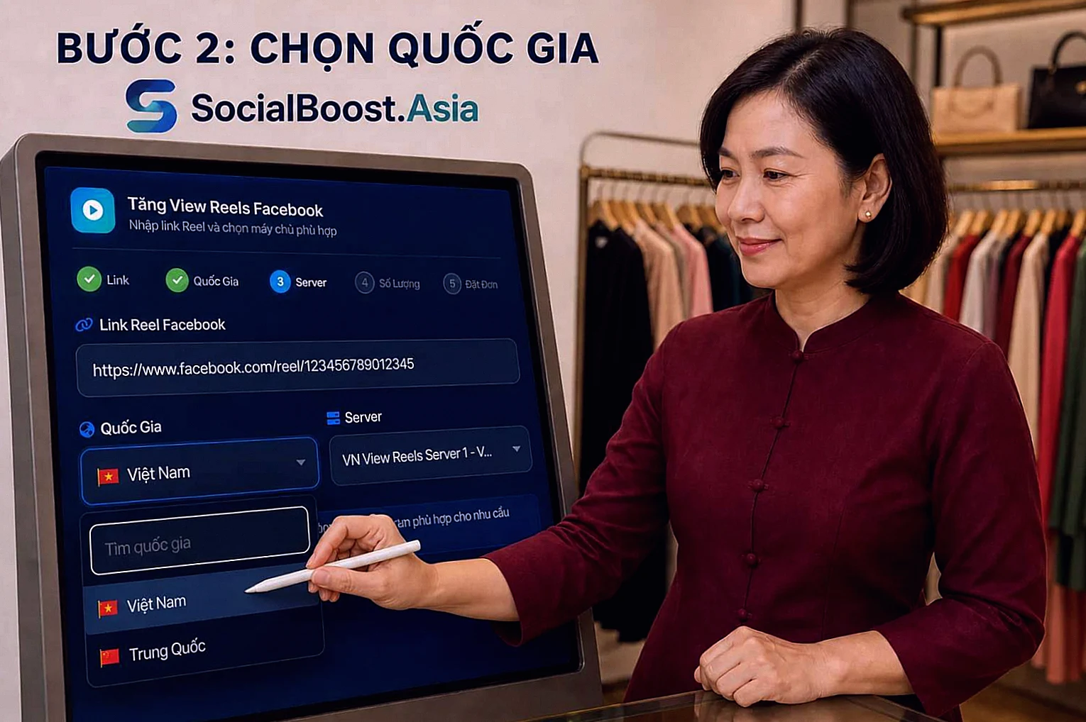 Bước 2: Chọn Quốc Gia khi tăng view Reels Facebook
