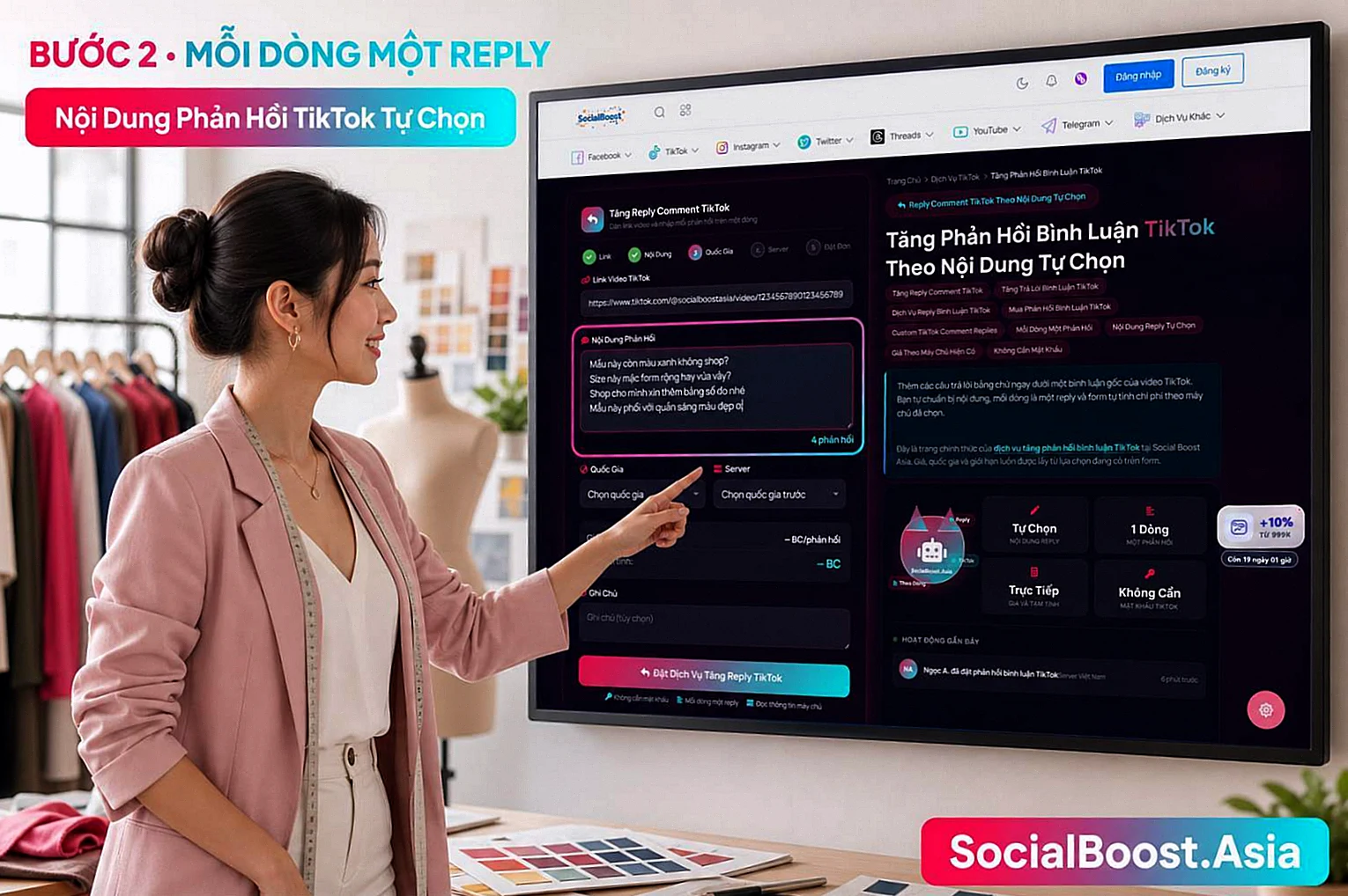 Nhập nội dung tăng reply comment TikTok mỗi dòng một phản hồi
