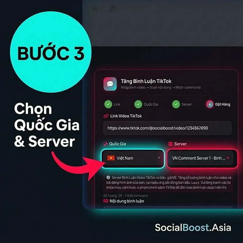 Bước 4 - Chọn quốc gia và server tăng comment TikTok