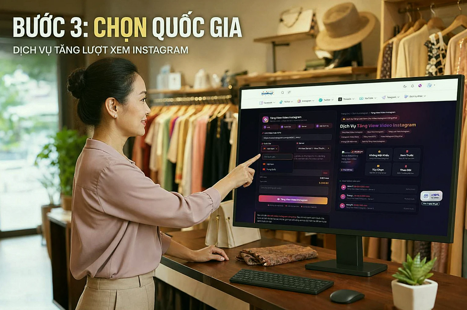 Chọn quốc gia và Server tăng view video Instagram