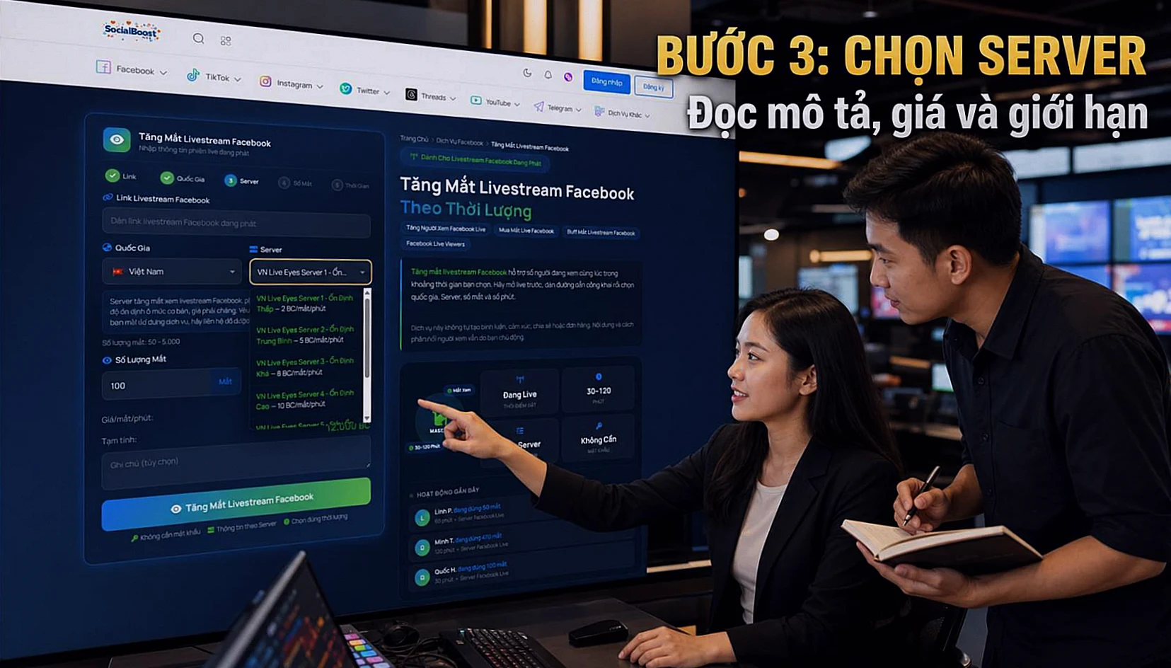 Bước 3 chọn Server tăng người xem Facebook Live