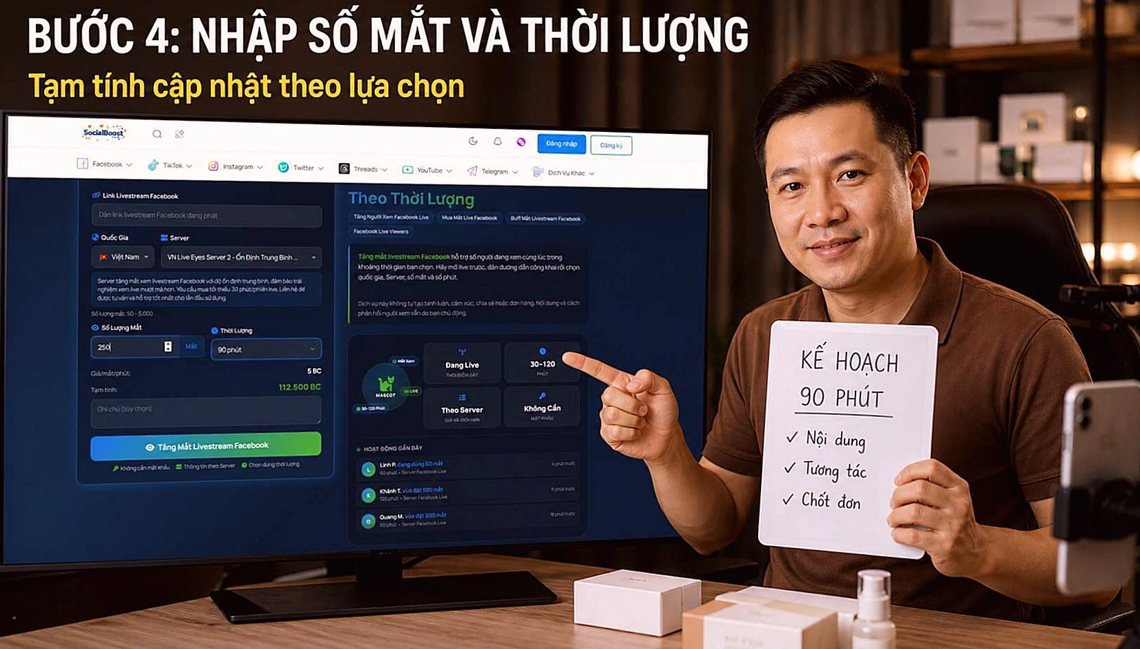 Bước 4 nhập số mắt và thời lượng Facebook Live