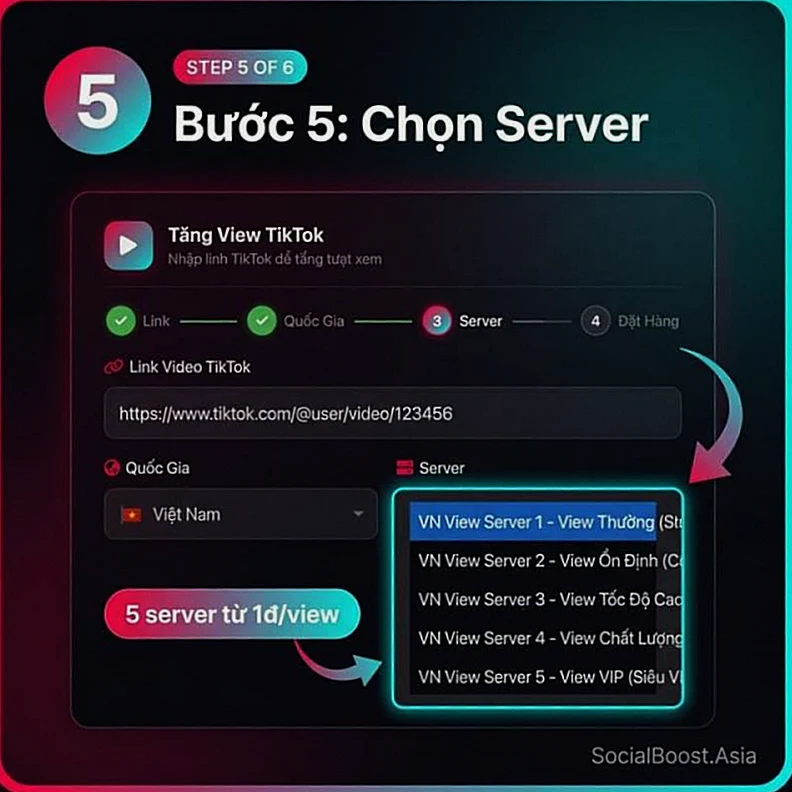 Bước 5 - Chọn Server Tăng View TikTok