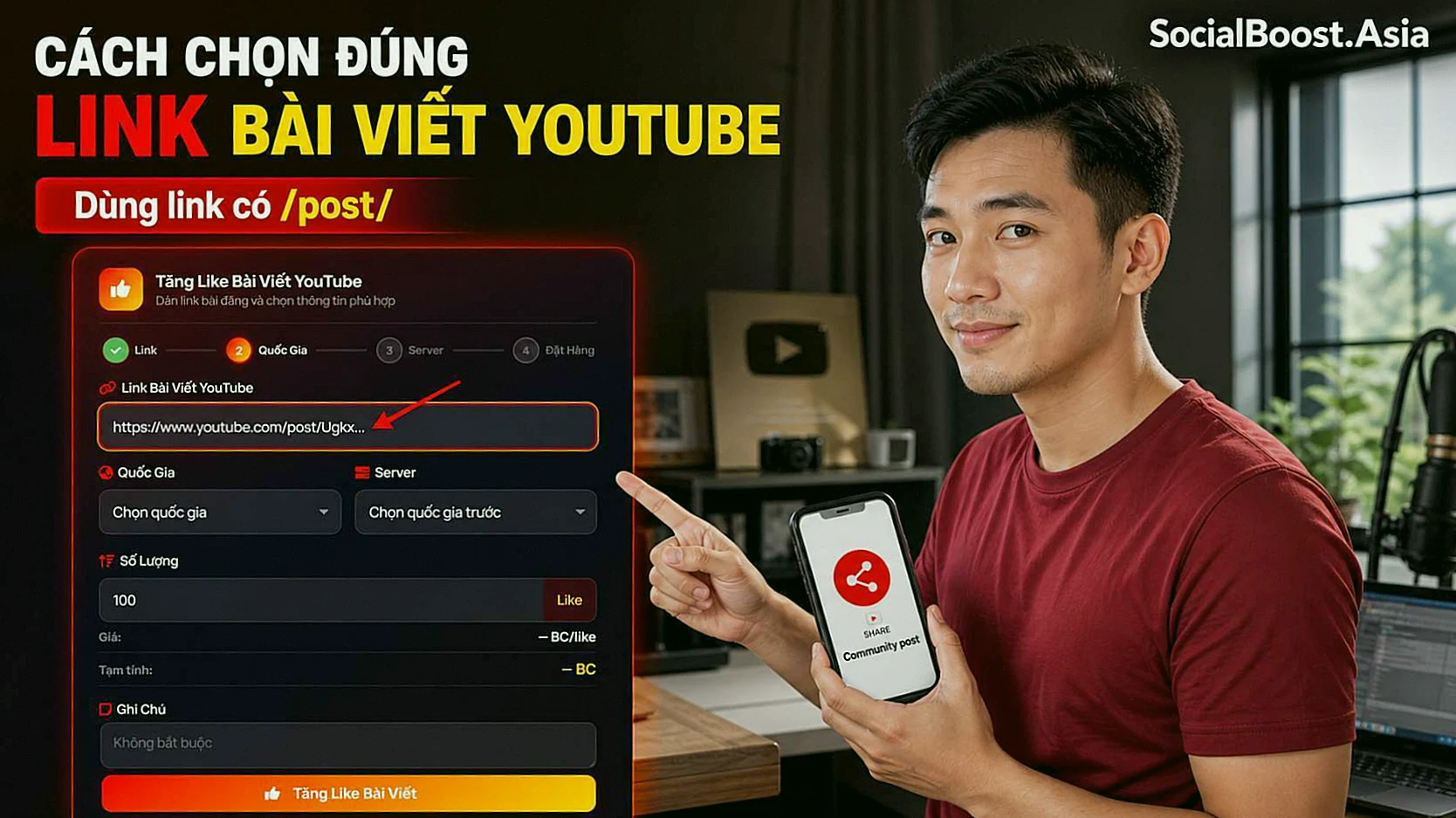 Người sáng tạo sao chép đúng link bài viết YouTube Community có phần post