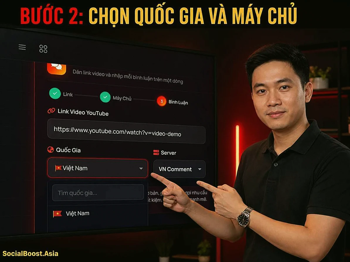 Chọn quốc gia và máy chủ tăng comment YouTube