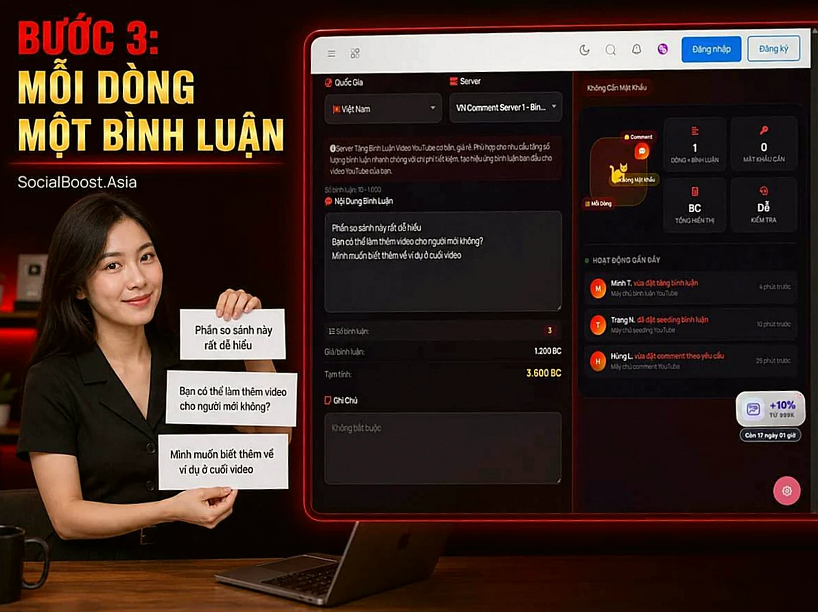 Nhập mỗi dòng một nội dung bình luận YouTube