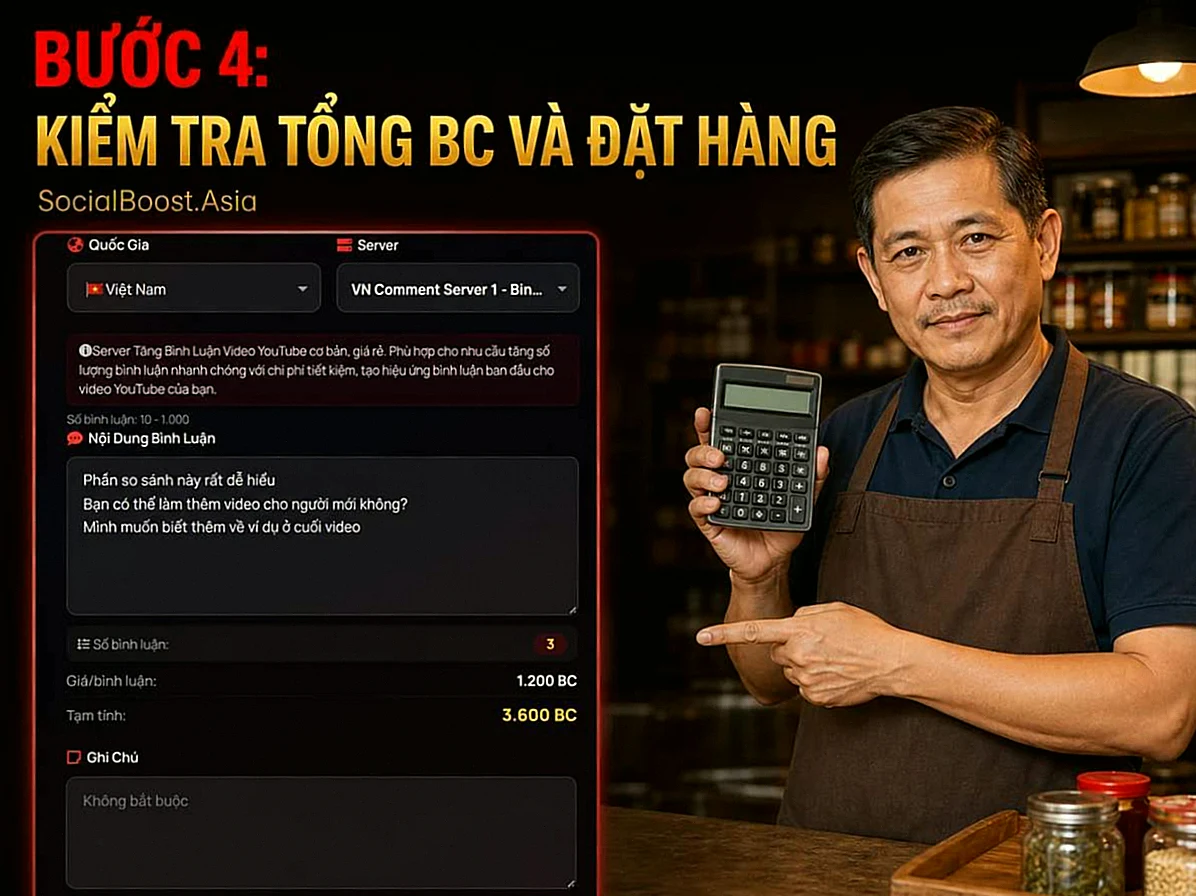 Kiểm tra tổng Boost Credit trước khi đặt tăng bình luận YouTube
