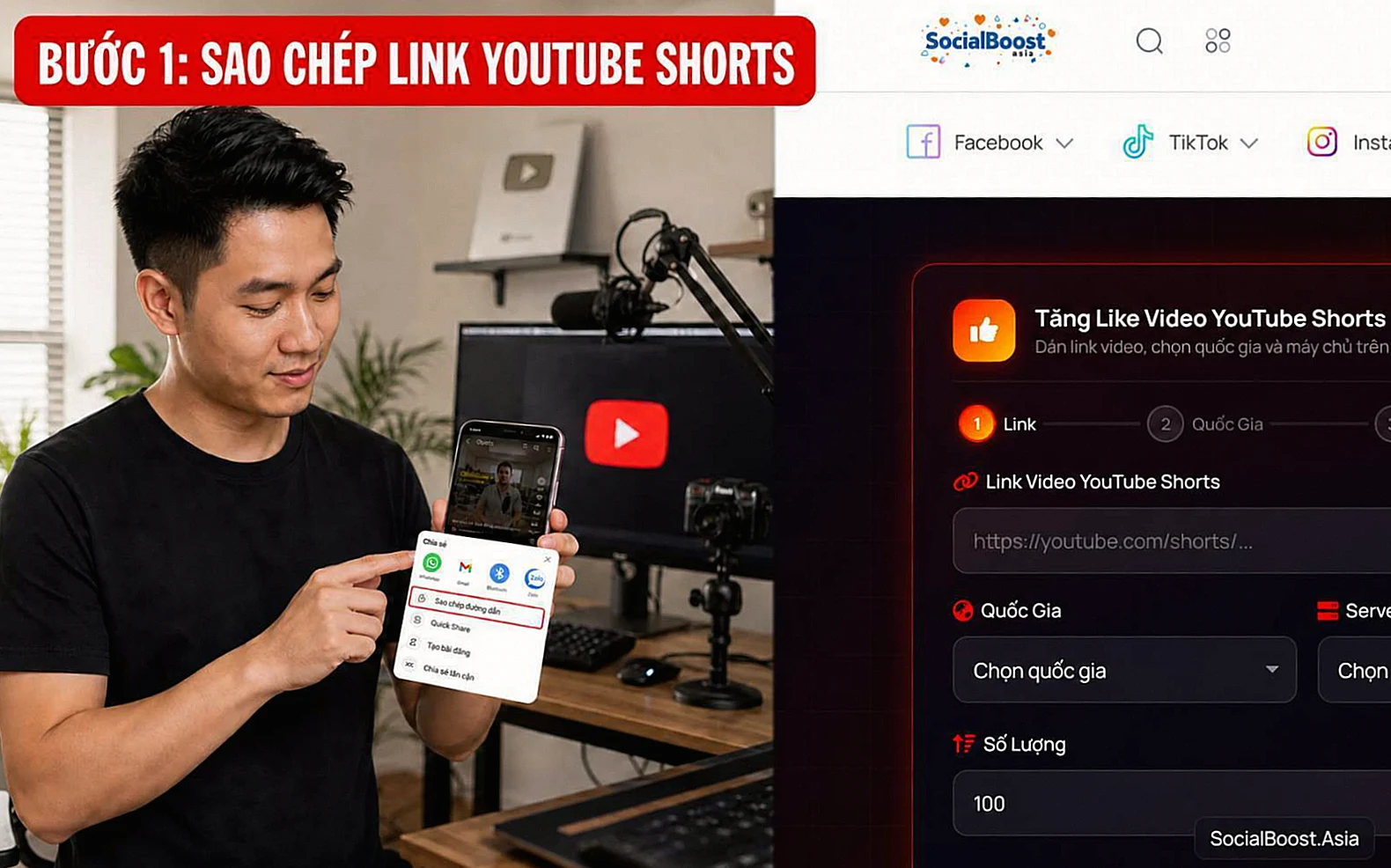 Sao Chép Link Video YouTube Shorts khi tăng like YouTube Shorts tại Social Boost Asia