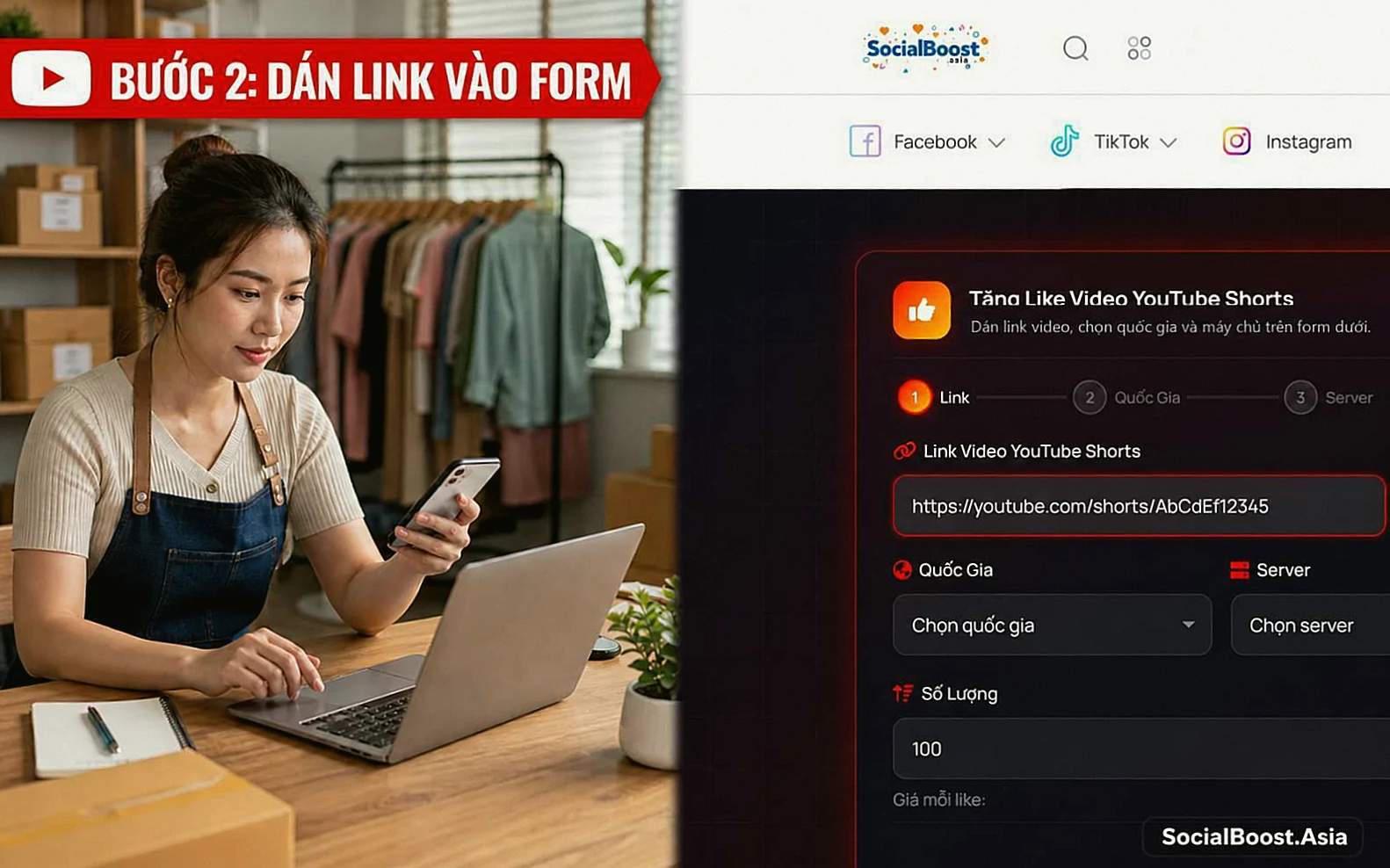 Dán Link Vào Form khi tăng like YouTube Shorts tại Social Boost Asia