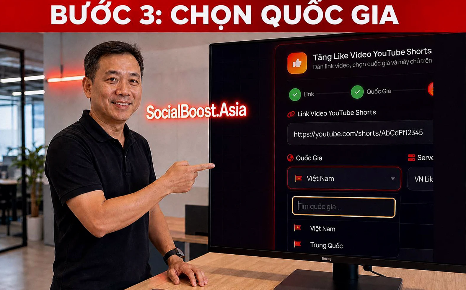 Chọn Quốc Gia khi tăng like YouTube Shorts tại Social Boost Asia