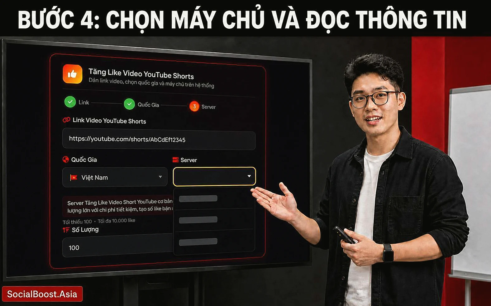 Chọn Máy Chủ Và Đọc Thông Tin khi tăng like YouTube Shorts tại Social Boost Asia
