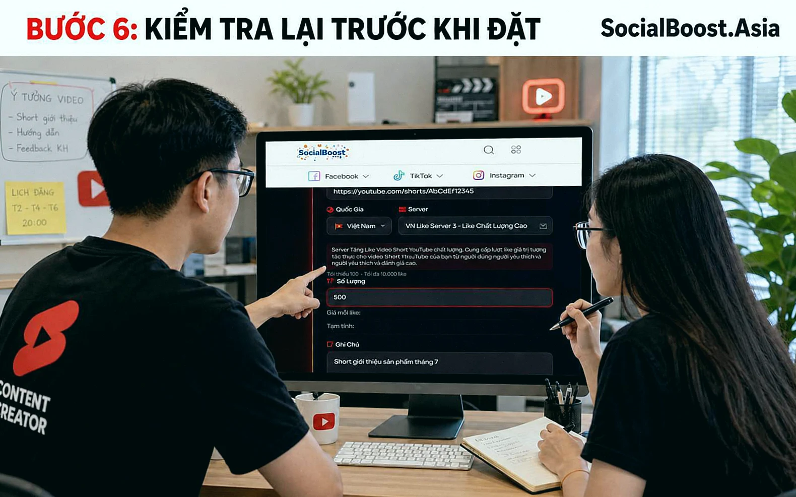 Kiểm Tra Lại Và Đặt Dịch Vụ khi tăng like YouTube Shorts tại Social Boost Asia