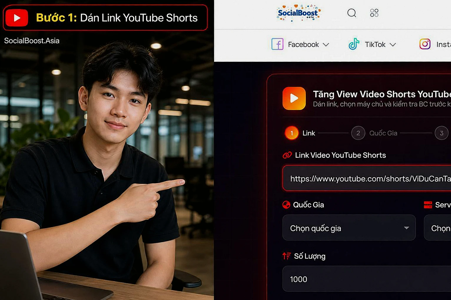 Người dùng dán link để đặt dịch vụ tăng view YouTube Shorts trên Social Boost Asia