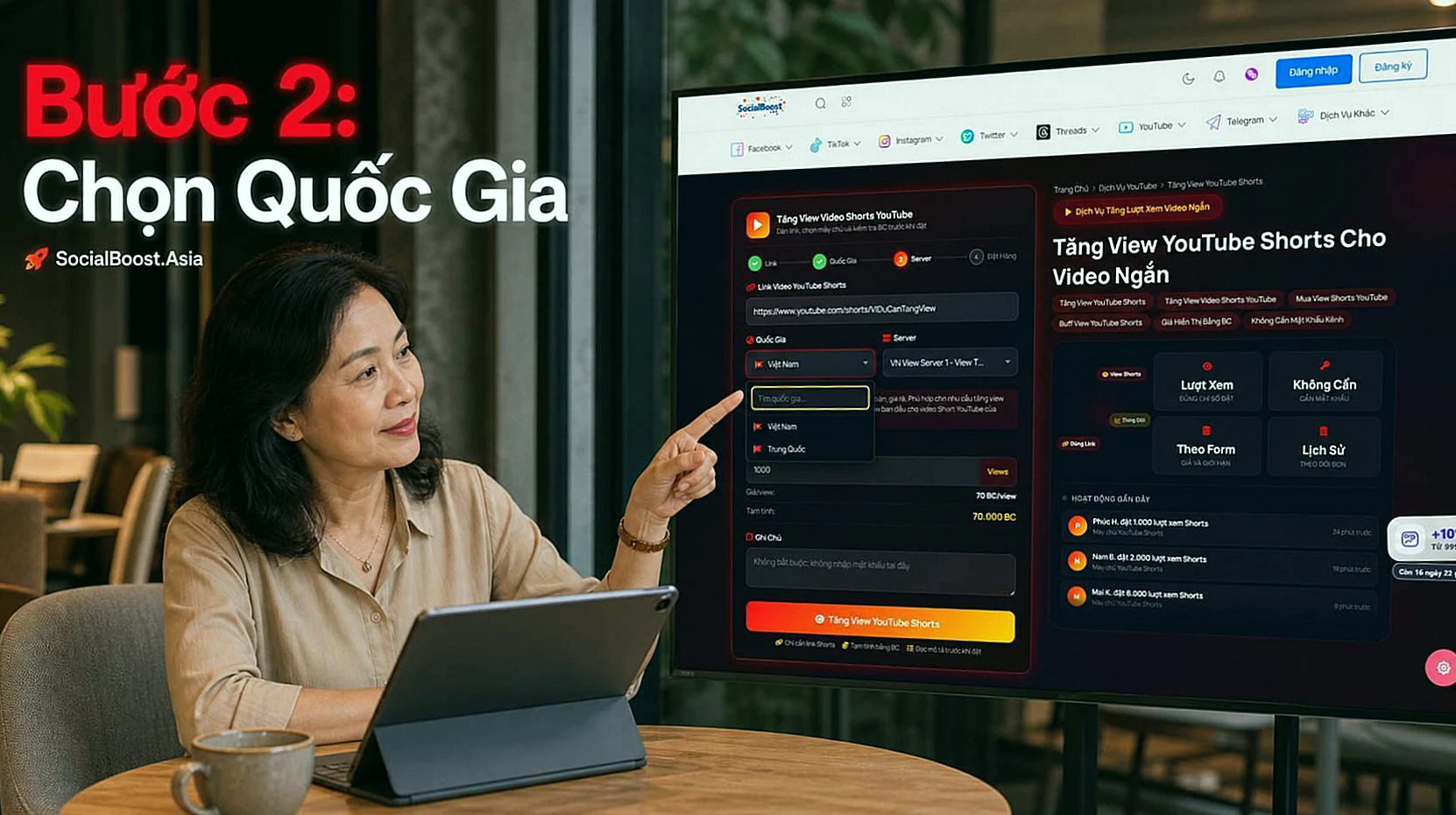 Màn hình chọn quốc gia khi tăng view video Shorts YouTube
