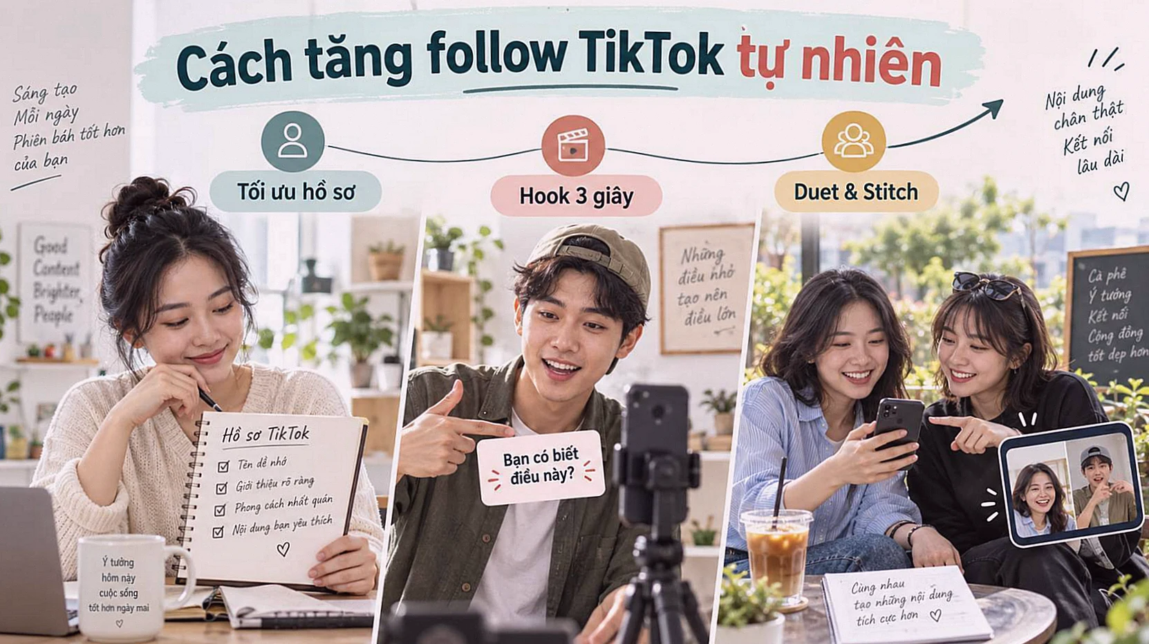 Cách tăng follow TikTok tự nhiên: tối ưu hồ sơ, phần mở đầu 3 giây và tính năng Duet, Stitch