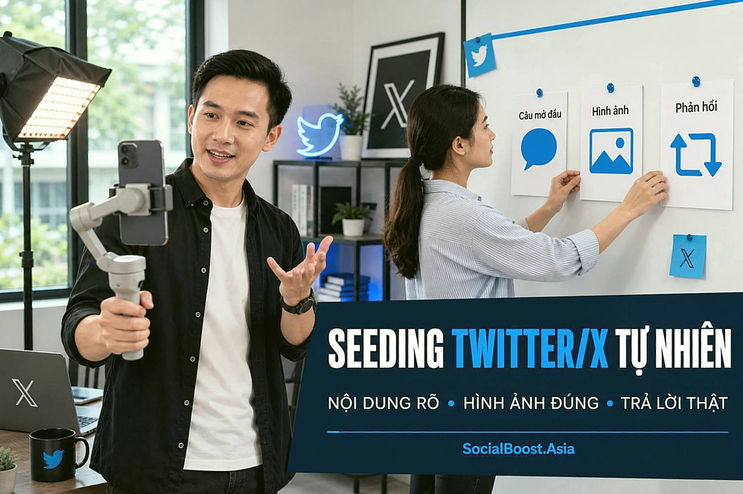 Nhà sáng tạo Việt Nam chuẩn bị hình ảnh và lời kêu gọi chia sẻ để seeding Twitter và seeding X tự nhiên