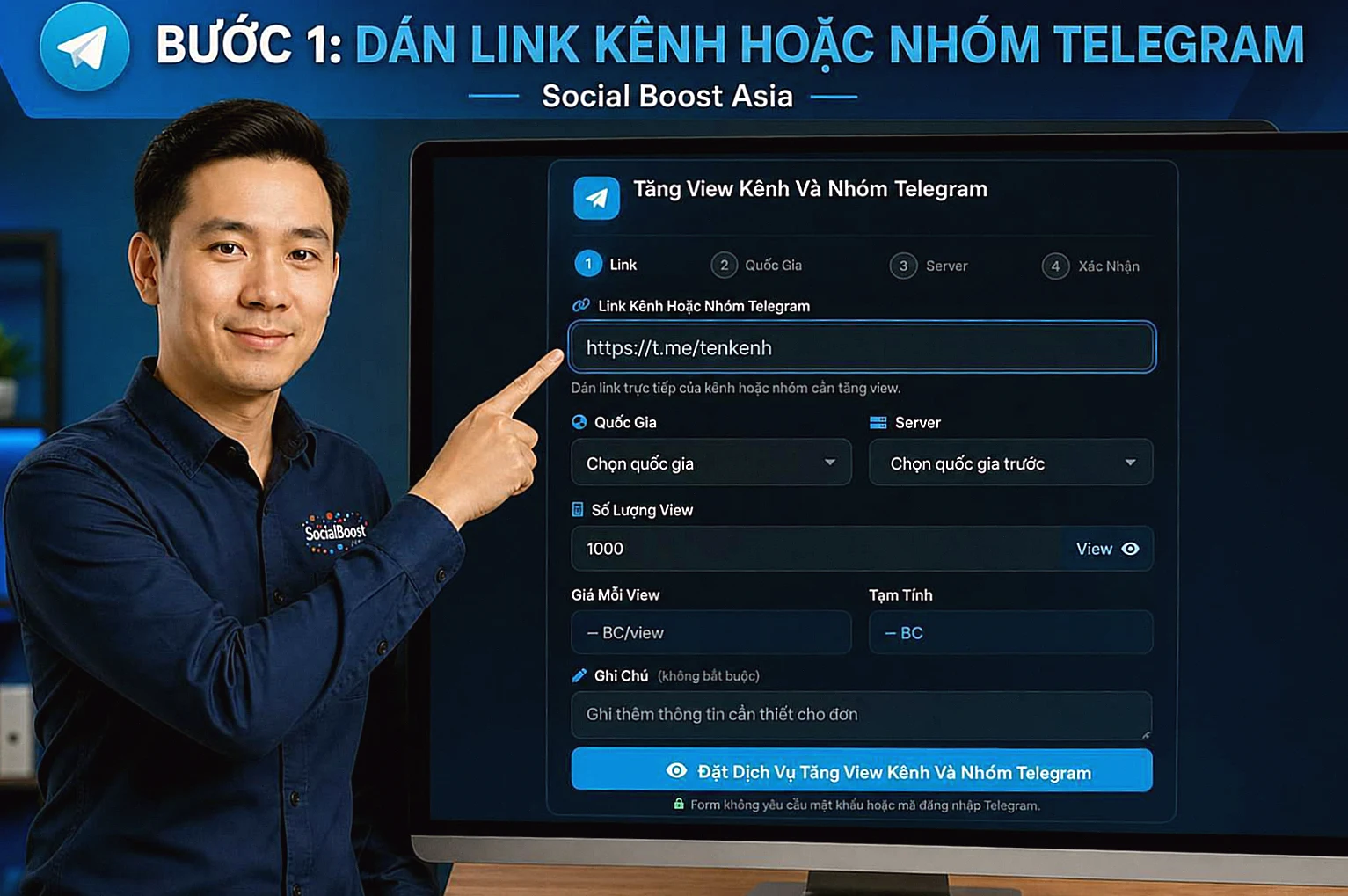 Hướng dẫn tăng view kênh và nhóm Telegram — Bước 1: Dán link kênh hoặc nhóm Telegram
