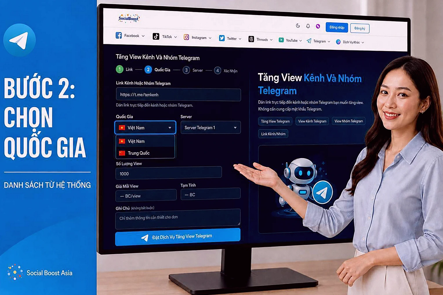 Hướng dẫn tăng view kênh và nhóm Telegram — Bước 2: Mở danh sách Quốc gia