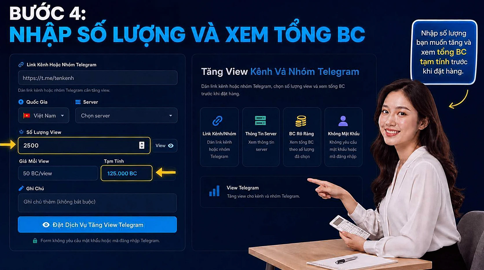 Hướng dẫn tăng view kênh và nhóm Telegram — Bước 4: Nhập số lượng và xem tạm tính