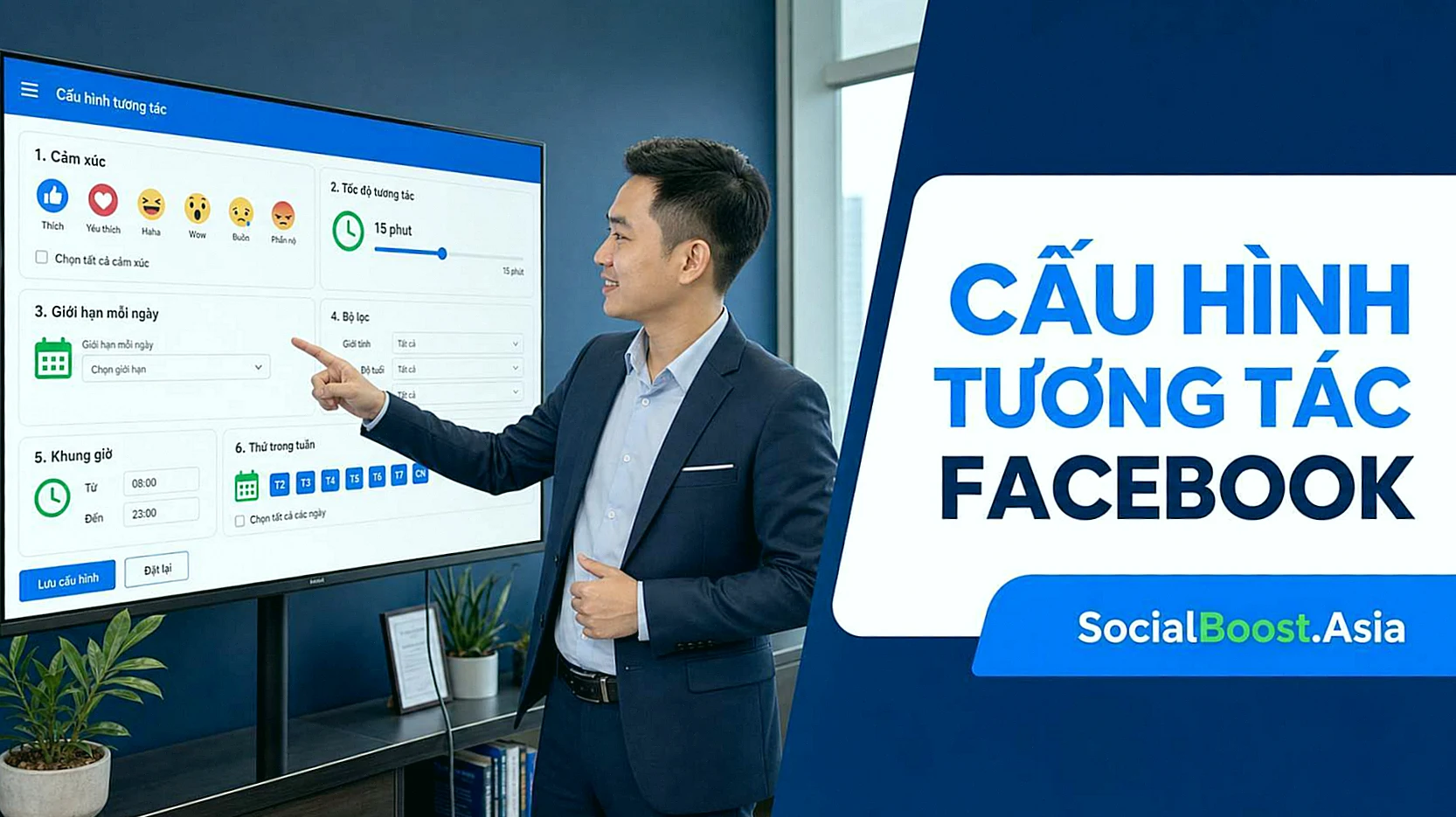 Nhân viên kinh doanh chọn cấu hình BOT tương tác Facebook gồm cảm xúc bộ lọc khung giờ và giới hạn